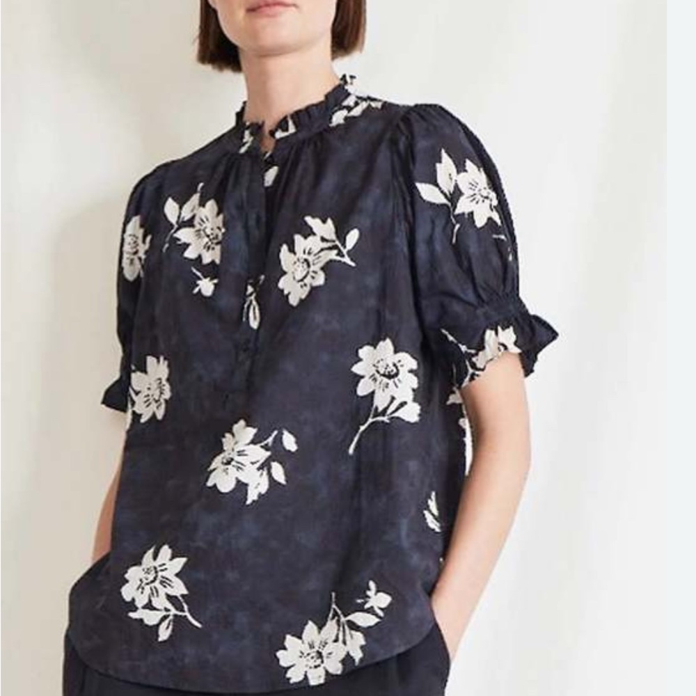 Apiece Apart Black and Blue Puff Sleeve Blouse with Mandarin Collar